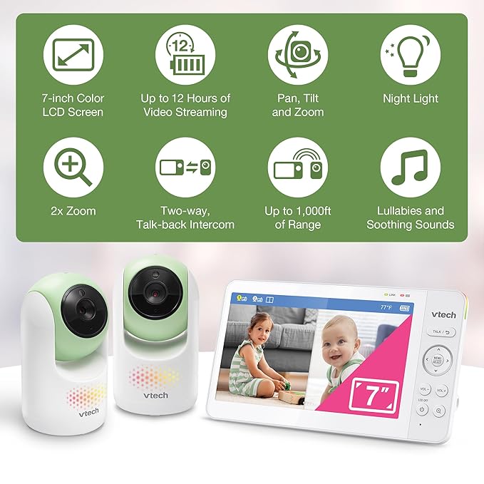 VTech 2-Cameras Video Baby Monitor with 7" Color LCD Screen, Rechargeable Battery, Video and Audio Streaming, Pan-Tilt-Zoom, Touch Multi-Color Night Light, Two-Way Talk: Advanced Max Twin (Green)