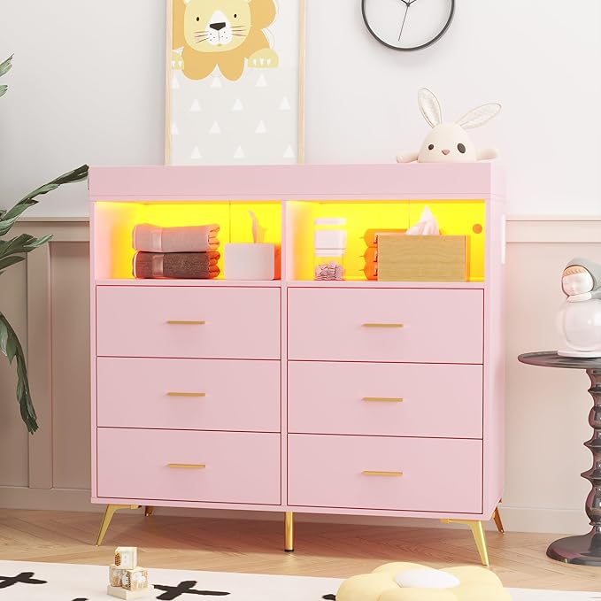 Dresser for Bedroom with LED Lights and Power Outlet, Baby Changing Table Dresser with 6 Drawers, 2 Open Storage Shelves, Baby Diaper Station with Changing Table Top (Pink)