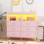 Dresser for Bedroom with LED Lights and Power Outlet, Baby Changing Table Dresser with 6 Drawers, 2 Open Storage Shelves, Baby Diaper Station with Changing Table Top (Pink)