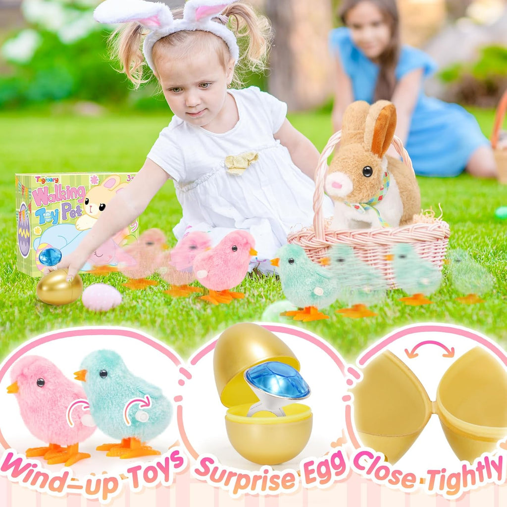 Tagitary Plush Easter Bunny Toys for Kids,Hopping Interactive Rabbit with Leash,Golden Egg,and Wind Up Toys,That Making Sounds,Wiggling Ears,Twitching Nose,Easter Basket Stuffers Gift for Toddlers