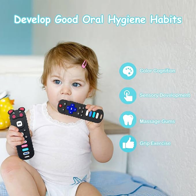 2-Pack Silicone Baby Teething Toys, TV Remote Teethers for 6-12-18 Months Infant, Fire Stick Remote Control Shape Baby Silicone Teethers, Chew Toys for Boys and Girls (New-F Black+R Blue)