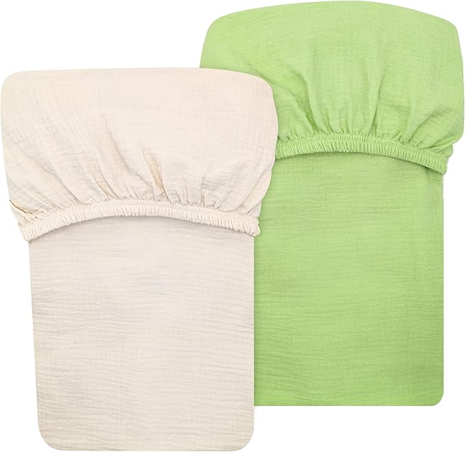 Muslin Fitted Crib Sheet for Standard Crib Mattress, 52” X 28”, 2 Pack 100% Cotton Soft Breathable Baby Crib Sheet for Boys, Girls (Beige/Green)