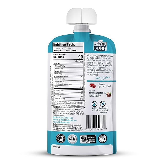 Li’l Hala Baby Food Pouches – 24 Total (2 Flavors) – Grass-Fed Beef Shawarma & Roast Beef with Organic Veggies – Protein & Healthy Fats – Toddler Meat Puree Meals for 6+ Months – No Hormones – 3.5 oz