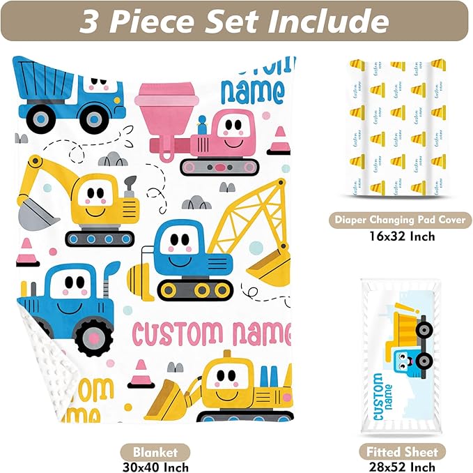 Personalized Baby Crib Bedding Set, Custom Name Cartoon Car Theme Nursery Bedding Set 3 Pcs, Baby Blanket Fitted Crib Sheet Changing Pad Cover, Personalized Nursery Decor Gift for Newborns Boys