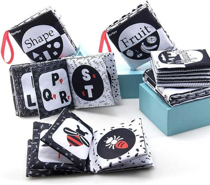 teytoy My First Soft Book, 6 PCS Nontoxic Fabric Cloth Activity Crinkle Black and White Books for Infants Boys and Girls Early Educational Toys Perfect for Baby Shower