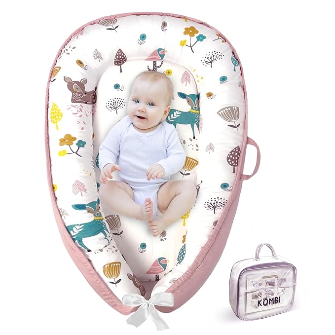 Baby Lounger - Baby Lounger for Newborn 0-24 Months, Breathable, Soft Cotton Baby Nest, Portable Infant Lounger for Home & Travel, Newborn Essentials Gift (Pink Deer)