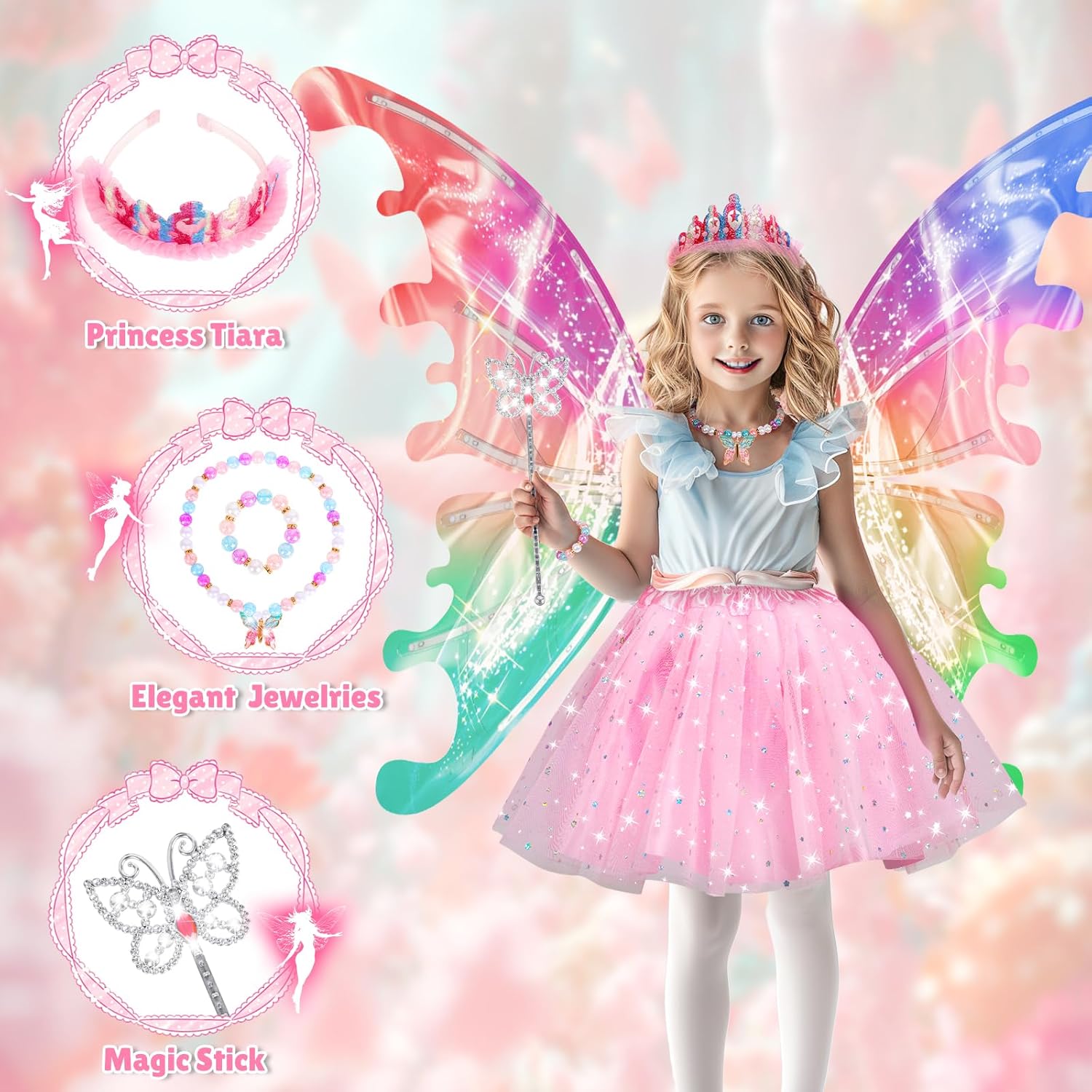 Princess Dress up Costume with Electric Fairy Wings for Girls 3-8, Light Up Moving Butterfly Wings with LED Lights&Music, Christmas Birthday Gift Princess Dresses with Crown/Wand/Bracelets/Necklaces
