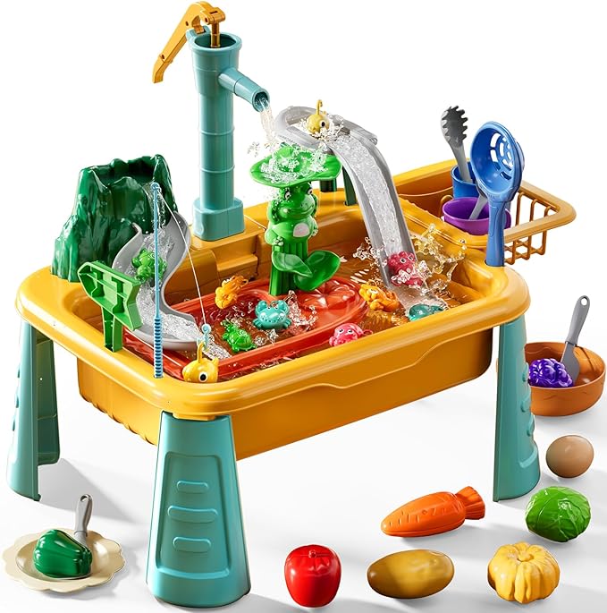 Kitchen Sink Toys Toddlers 3-5, Play Sink with Running Water, Water Table for Kids Ages 4-8, Fishing Game Outdoor Toys Pretend Role Play Toys for Boys Girls 3 4 5 6 7 8