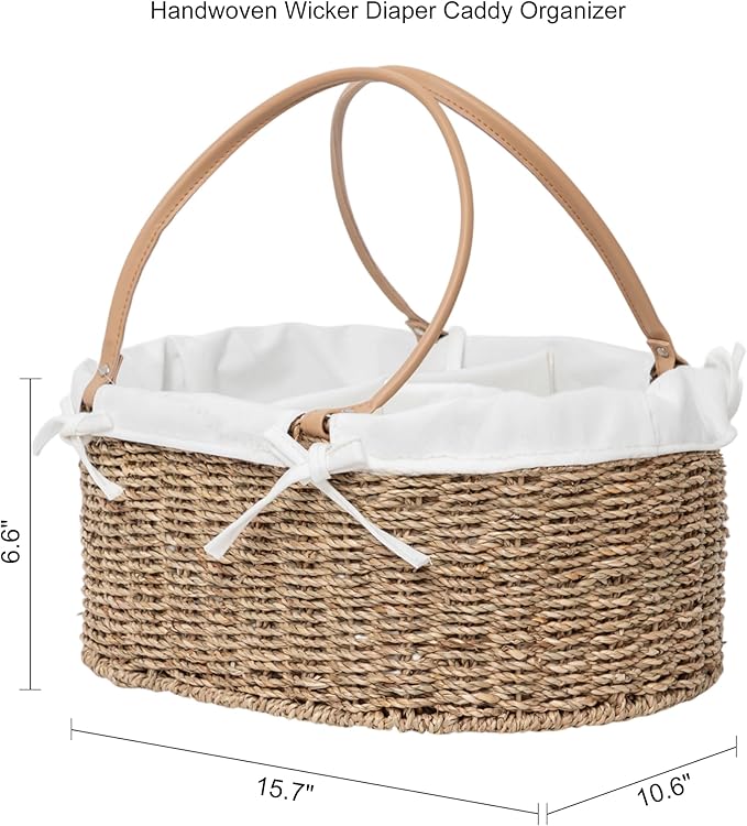 Handwoven Wicker Diaper Caddy Organizer, Multi - functional Baby Diaper Bag for Nursery & Home Storage, Detachable Lining, PU Handles, Baby Registry Must Haves (Seagrass)