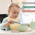 DRKIO 8 PCS Toddler Spoons Set - Baby Spoons with Silicone Handle Children safe 18/8 Stainless Steel Toddler Utensils Set for Self Feeding Kids Silverware Anti-Choke Design Food Grade Dishwasher Safe