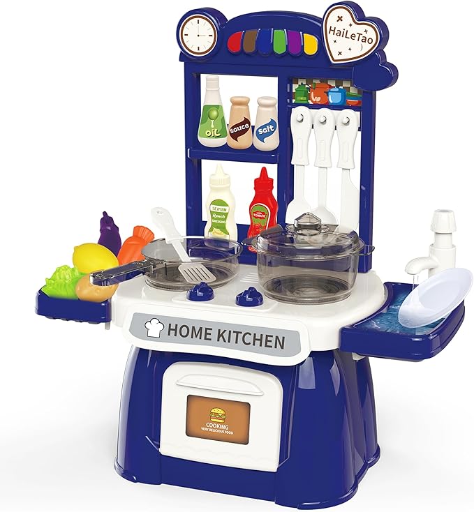 Kitchen Set for Toddler with Sound and Light，Pretend Cooking Food Set,Kids Kitchen Playset，Play Sink with Running Water and Electronic Induction Stove，Kitchen Accessories (Lyons Blue Kitchen)