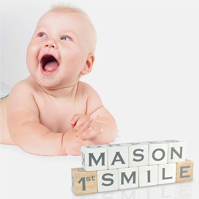 I'm Solid Wood Baby ABC Alphabet Milestone Age Blocks, Personalized Own Name, Gender Neutral, Newborn Gifts & Keepsakes for Picture Props (1.9" / 16 Pcs/White)