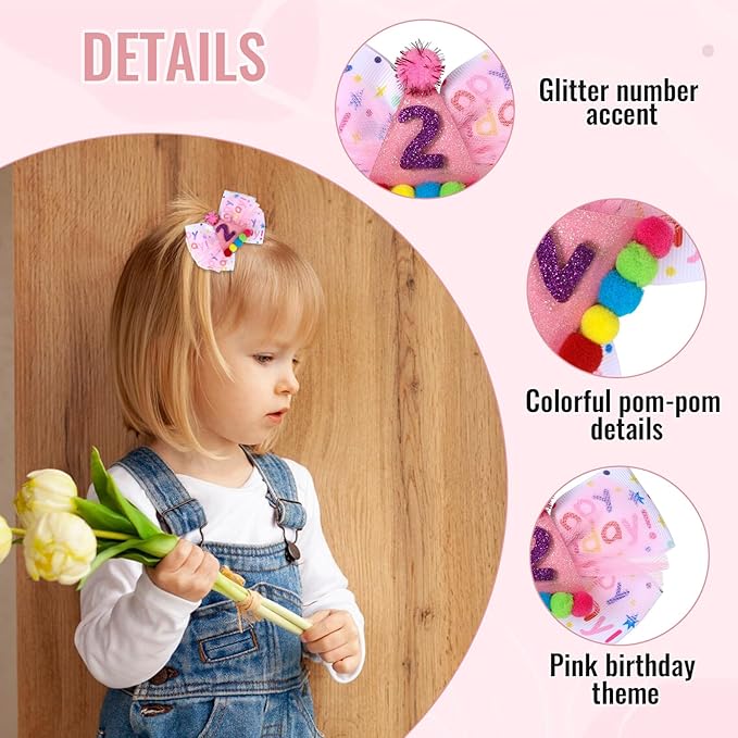 Birthday Hair Bow for Baby Girls 1 2 3 4 5 6 Year Old Sprinkle Hair Clips Happy Birthday Decorations for Girls Toddlers With Pom-Poms Ice Cream Candy Party Pink Hair Accessories for 2nd Sweet Party