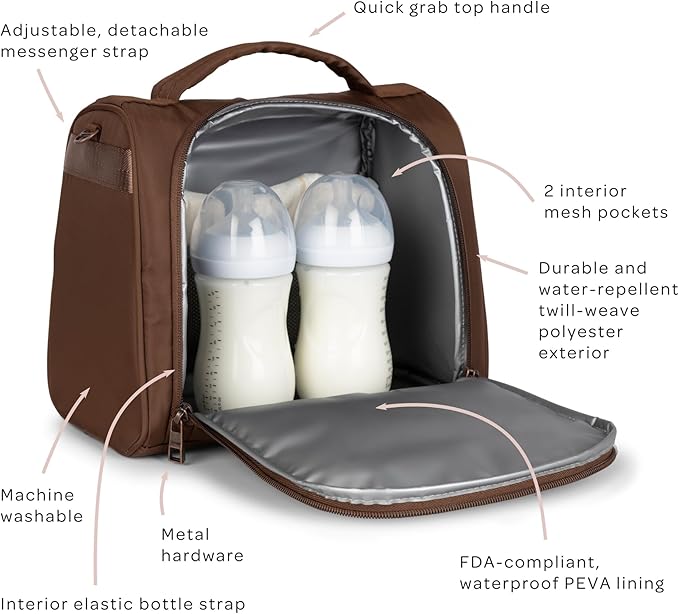 JuJuBe Insulated Bottle Bag, Breastmilk Storage Bag for Baby Bottles, Travel Insulated Lunch or Cooler with Handle, Waterproof Lining for Nursing, Milk, Food, Baby Formula, Snacks, Daycare, Espresso