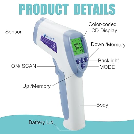 Amplim Digital Forehead Thermometer for Kids, Adults, and Babies - Touchless, Non-Contact Fever Thermometer with Temporal Head Function - No-Touch Thermometer for Accurate Temperature