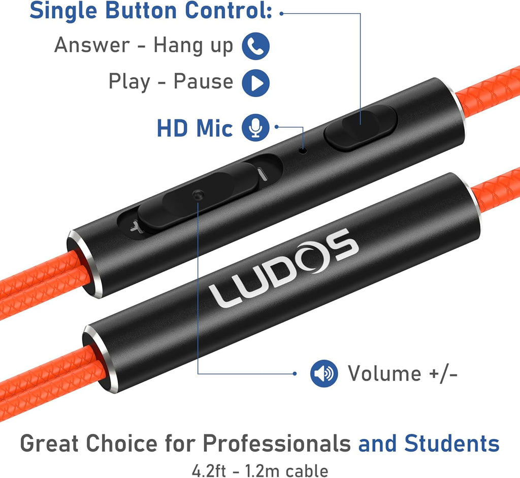 LUDOS Ultra Wired Earbuds in-Ear Headphones, 5 Years Warranty, Earphones with Microphone, Noise Isolating Ear Buds, Memory Foam for iPhone, Samsung, School Students, Kids, Women, Small Ears - Coral