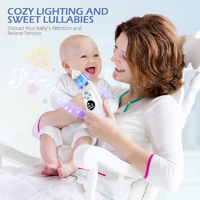 Nasal Aspirator for Baby with Light and Music, Electric Babies Nose Sucker with 3 Soft Silicone Tips, 5 Levels Suction Adjustment Nose Cleaner for Kids Girl Boy Adult Pets
