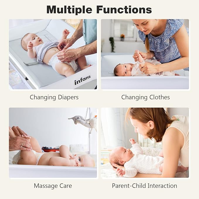 INFANS Baby Changing Table, Folding Diaper Station Portable Nursery Organizer with Safety Belt and Large Storage Racks for Newborn Baby and Infant (White)