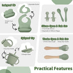 Baby Led Weaning Supplies, 17 Piece BPA-Free Silicone Feeding Set, Eating Essentials Baby Utensils with Suction Plate and Bowl, Pocket Bib, Sippy Cup with Lid, for 6+ Months, Green