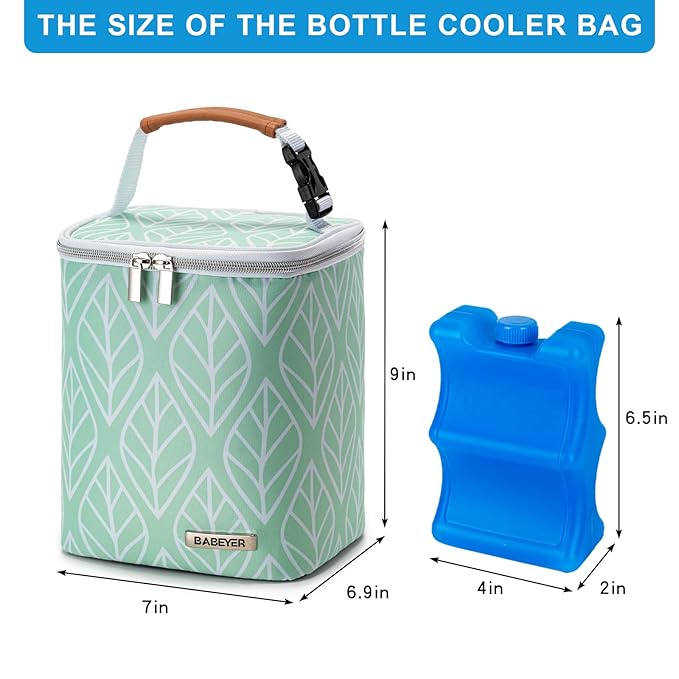 Breast Milk Cooler Bag with Ice Pack Fits 4 Baby Bottles Up to 9 Ounce, Baby Bottle Bag for Nursing Mom Daycare-Green