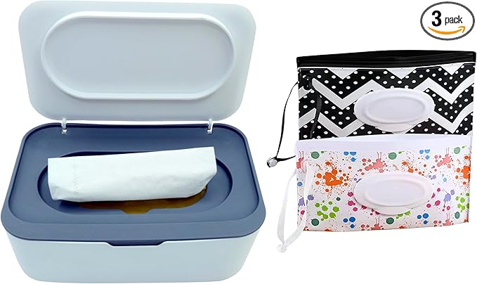Wet Wipes Dispenser，Baby Wipe Holder with 2 Pcs Portable Travel Wipes Container，refillable wipes container with Moisture Resistant Seal for travel, Office and Home.（Blue）