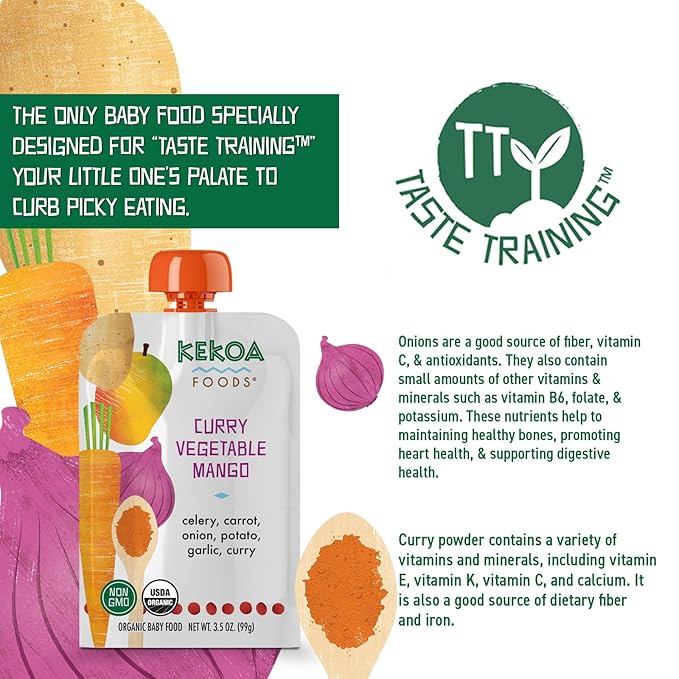 Kekoa Foods Curry Vegetable Mango Baby Food Purée | 100% USDA Certified-Organic, No Sugar Added | Organic, Non-GMO, Gluten-Free, Vegan | Mild Curry with Celery, Carrot & Potato | 3.5 oz Squeeze Pouch