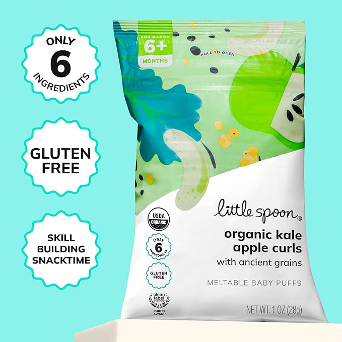Little Spoon Kale Apple Meltable Baby Puffs, Organic Corn Quinoa Sorghum, No Rice, No Added Sugar Snacks, Encourages Self-Feeding, 1 Oz Bag, 4 Pack