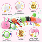 Baby Toys 6-12 Months Music Caterpillar Infant Toys Stuffed Animals 0-3-6 Months Teething Tummy Time Sensory Toys with Mirror Rattle&Pull String for Boys Girls Birthday Gifts|Pink,Knot Limb