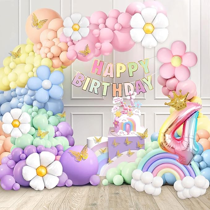 4th Birthday Decorations Girl Pastel, Slmeno 219Pcs Pastel Rainbow Balloon Arch Garland Kit, with Number 4 Balloons,Banner,Cake Toppers,12 3D Butterfly for 4 Year Old Girl Birthday Easter Party Decor