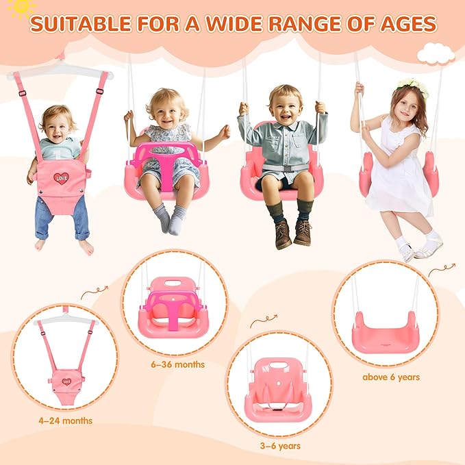 4-in-1 Toddler Swing Set & Baby Jumper and Bouncers, Heavy Duty Baby Swing Set with Foldable Metal Stand for Indoor & Outdoor, Suitable for Children 6 Months and Older, Easy to Assemble & Store