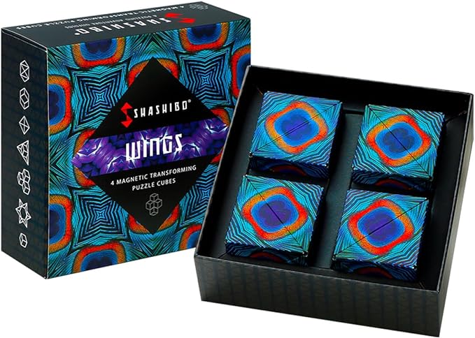 Shashibo Shape Shifting Box - Award-Winning, Patented Fidget Cube w/ 36 Rare Earth Magnets - Transforms Into Over 70 Shapes, Gift Box, Download Fun in Motion Toys Mobile App (Wings, 4 Pack)