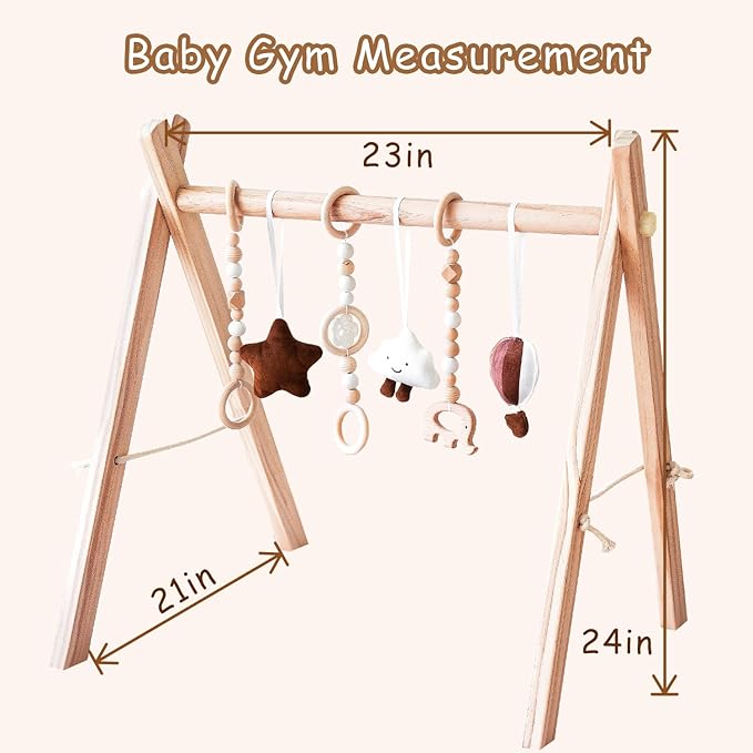 Wooden Baby Play Gym with Mat, Foldable Baby Play Gym Frame Activity Gym Hanging Bar with 6 Gym Baby Toys Rainbow Playmats for Newborn Baby (Natural)