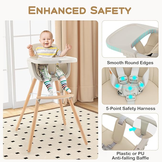 BABY JOY Convertible Baby High Chair, 3 in 1 Wooden Highchair/Booster/Chair with Removable Tray, Adjustable Legs, 5-Point Harness, PU Cushion and Footrest for Baby, Infants, Toddlers (Beige)