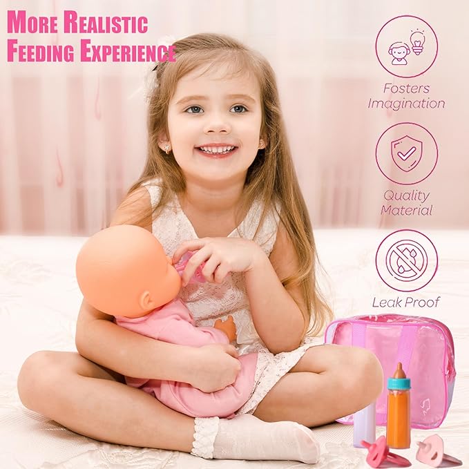 Baby Doll Bottles Accessories Set for Toddlers, 2 Milk Bottle 2 Juice Bottles and 2 Toy Pacifier (Red)