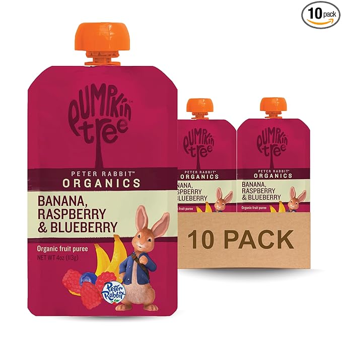 Pumpkin Tree Peter Rabbit Organics, Organic Raspberry, Banana and Blueberry 100% Pure Fruit Snack, 4 oz. Squeeze Pouches (Pack of 10)
