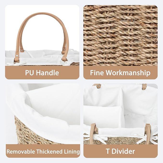 Handwoven Wicker Diaper Caddy Organizer, Multi - functional Baby Diaper Bag for Nursery & Home Storage, Detachable Lining, PU Handles, Baby Registry Must Haves (Seagrass)