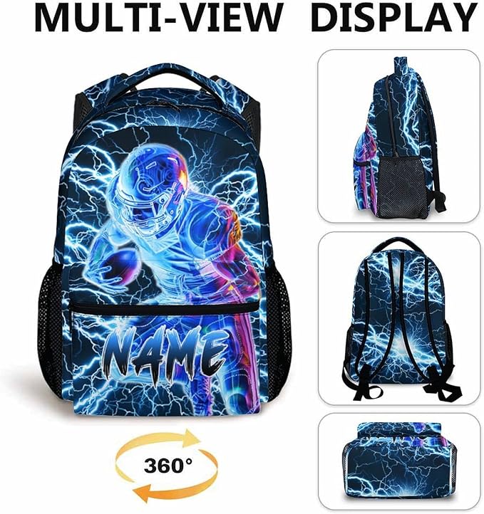 Boys School Backpack, Personalized Football Backpacks for Kids Kindergarten Senior Middle, 17 Inch Lightweight Lightning Bookbag with Custom Name, Cool Back to School Gift