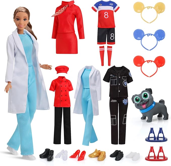 11.5-Inch Themed Doll Clothes & Accessories-Educational Role Play Gift Set for Girls with 1 Doll, 5 Outfits (Doctor, Flight Attendant, Police, Chef, Soccer), 1 Puppy, 5 Shoes, Stands, Headbands