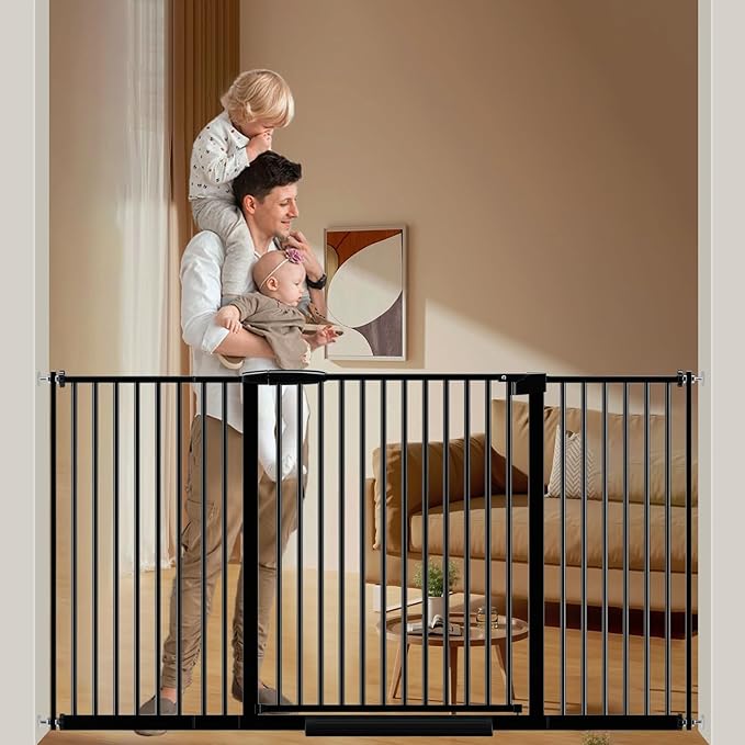 DEARBB Extra Wide Baby Gate Ultra Narrow Spacing 30.11-77.36" Pressure Mounted Double Lock Swing Auto Close Walk Through Metal Safety Pet Gate for Stairs and House Doorway Kitchen