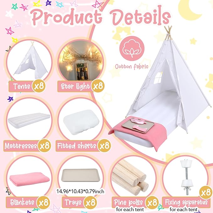 Windyun 8 Pack Kids Teepee Tent for Slumber Party with Mattress,Light String,Airbed Fitted Sheet,Sleepover Tent for Girls Boys Party,Kids Play Playhouse Indoor Outdoor(White)