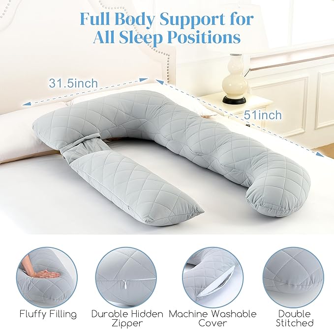 Pregnancy Pillow for Sleeping,U Shaped Full Body Maternity Pillow with Removable Diamond Quilted Cool Fabric,Support for Back,Belly,HIPS for Pregnant Women,Side Sleeper, Warm Cushion, 51 Inch