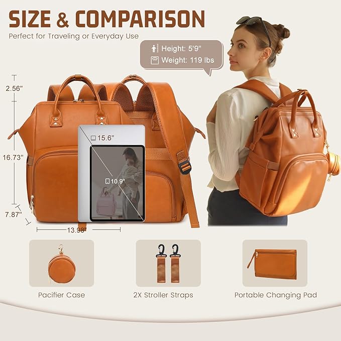Premium Vegan Leather Diaper Bag Backpack with Waterproof Changing Pad – Reinforced Stitching & Zippers, Baby Bag for Boy Girl, Stroller Straps, Ergonomic Design for Traveling Moms, Brown