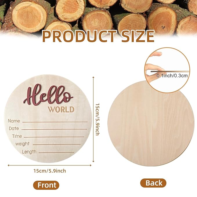 Baby Announcement Sign, 5.9 Inch Wooden Hello World Newborn Signs, Birth Announcement Sign, Baby Shower Hospital Nursery for Newborn Boys and Girls (Tea Red,Pen)