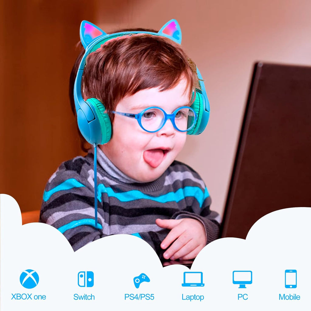 Olyre Kids Headphones with Sharing Port and Microphone, Girls Boys Headphone LED Cat Ears 85dB Volume Limited for Children/Toddler Wired On Ear for Tablets/E-Readers/Online/School/Travel - Blue