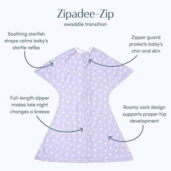 SleepingBaby Zipadee-Zip Transition Swaddle - Cozy Baby Swaddle Blanket with Zipper Convenience - Roomy Wearable Blanket for Easy Diaper Changes - Paperwhite Flowers, Large (12-24 Month)