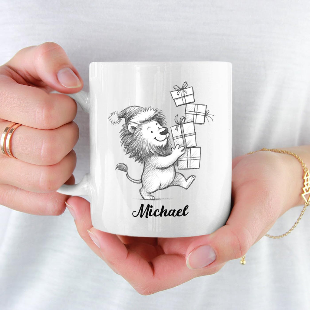 Personalized Lion Lover Coffee Cup 11 Oz 15 Oz, Lion Wild Animal Ceramic Coffee Mug Gift For Kids Child on Birthday Holiday, Custom Name Lions White Accent Teacup, Animal Travel Mug Gift For Friends