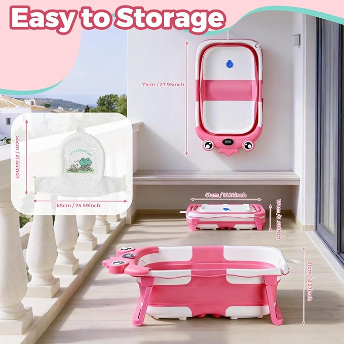 Baby Bathtub,Collapsible Baby Bath Tub with Soft Cushion & Thermometer, Space Saving Foldable & Travel Newborn Bathtub for Infant to Toddler 0-36 Months, Frog Pink