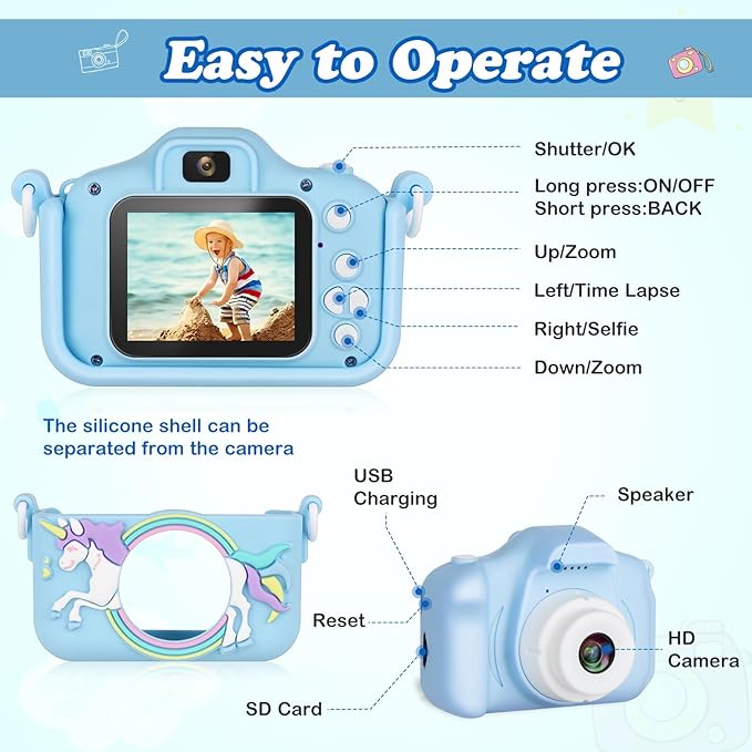 Kids Camera,HD Digital Video Camera with Protective Cover,Childrens Toys for 3 4 5 6 7 8 9 Year Old Boys/Girls,Selfie Camera for Kids,Christmas Birthday Gifts with 32GB SD Card (Unicorn Blue)