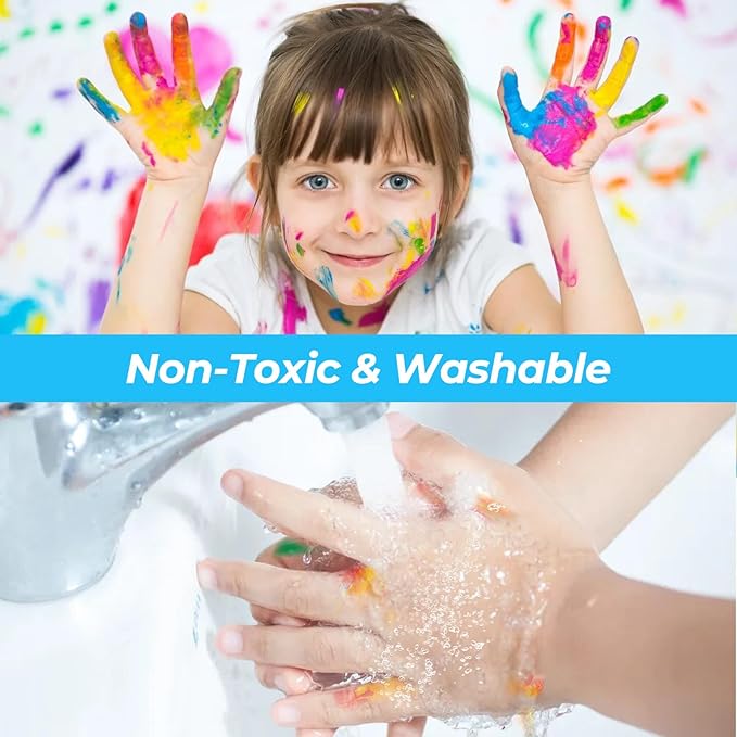 Nicpro Washable Paint for Kids, Kids Painting Set with 10 Paintbrushes, Palettes, Sponge, 6 Vibrant Colors 8.45oz, Non Toxic Washable Finger Paint for Toddlers Preschool Children Art Painting Supplies