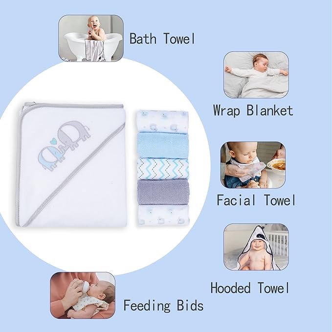 Viviland Baby Towels and Washcloths, Soft Absorbent Baby Bath Towel Set, Elephant Hooded Towels with 5 Infant Face Washcloths (6 Pieces)